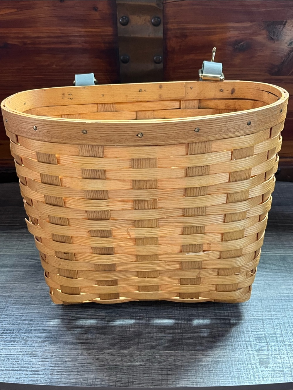 Woven Natural Wood Bicycle Basket with 2 blue leather straps. McFlyer